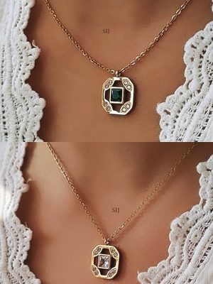 Gold Finish Princess Shape Green& White Stone Chain& Pendant