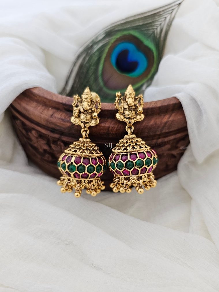 Gold Finish Kemp and Green Stones Ganesh Jhumkas