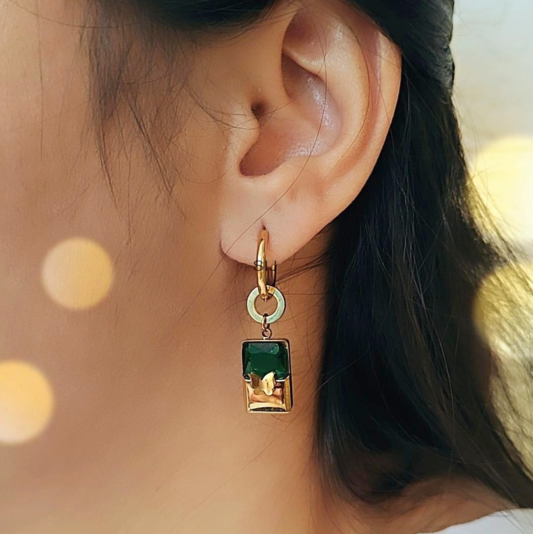 Gold Plated AD Studded Green Stone Hoops