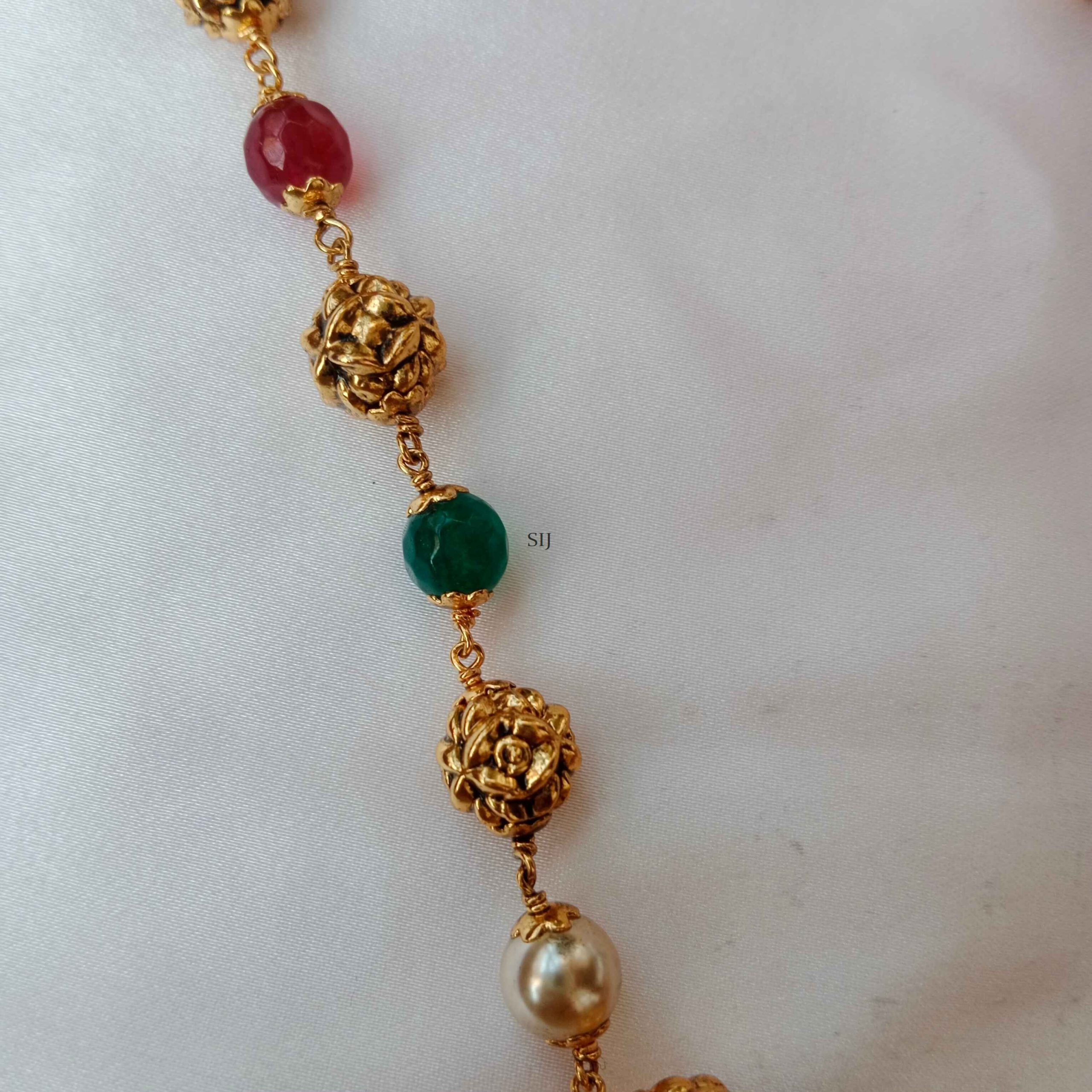 Gold Plated Red & Green Beaded Pearl Chain