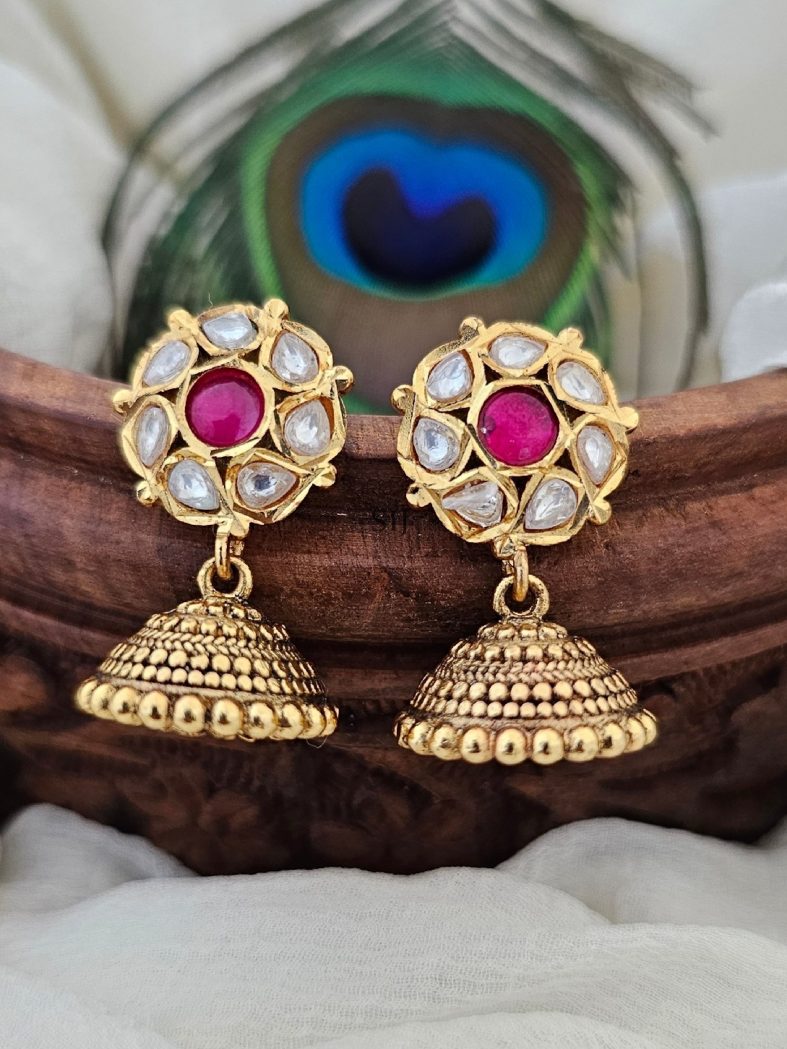 Gold Plating Pink& White Stones Jhumkas