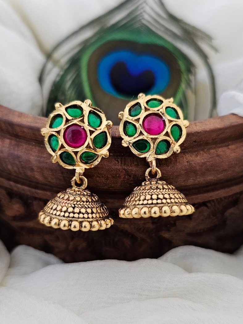 Imitation Green and Pink Kemp Jhumkas