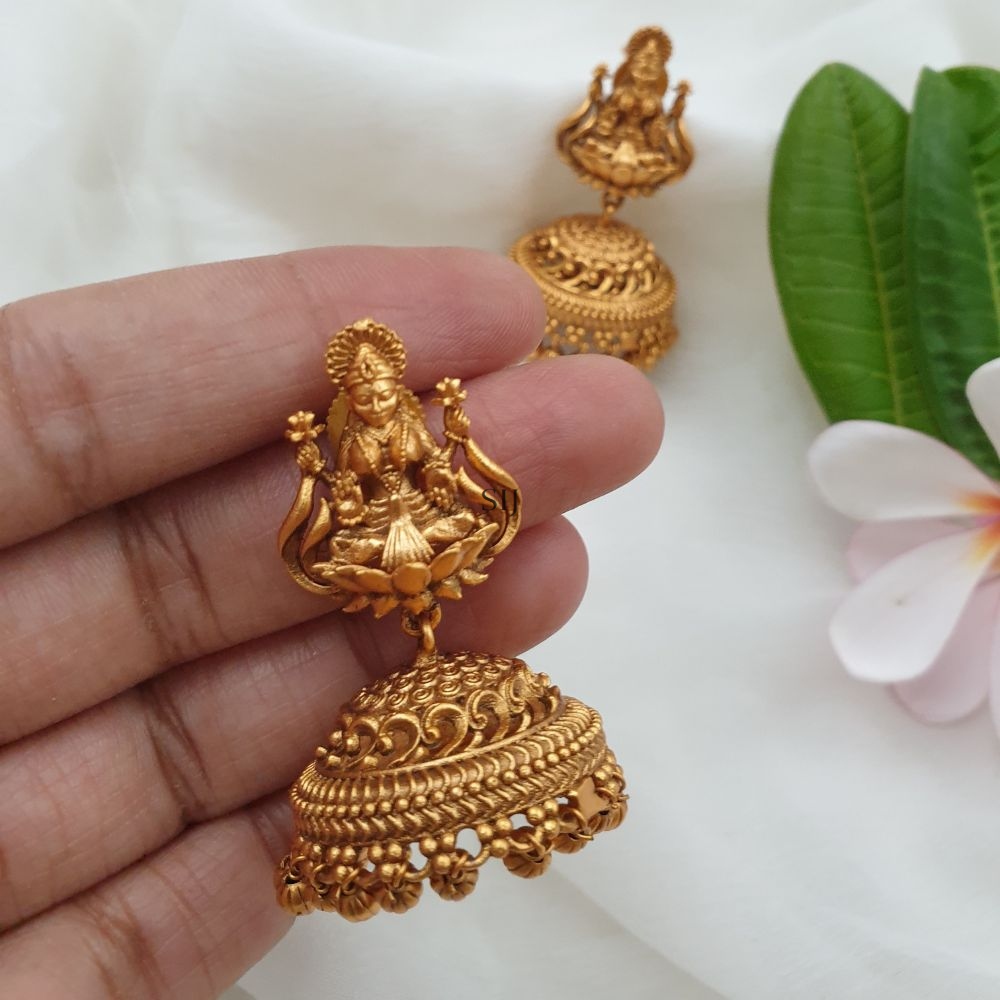 Imitation Lakshmi Jhumkas with Gold Beads Hangings