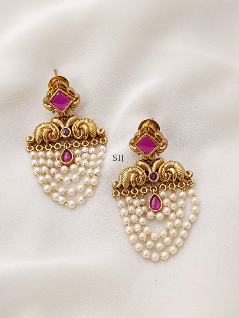 Layered Pink Stone Pearl Drop Earrings