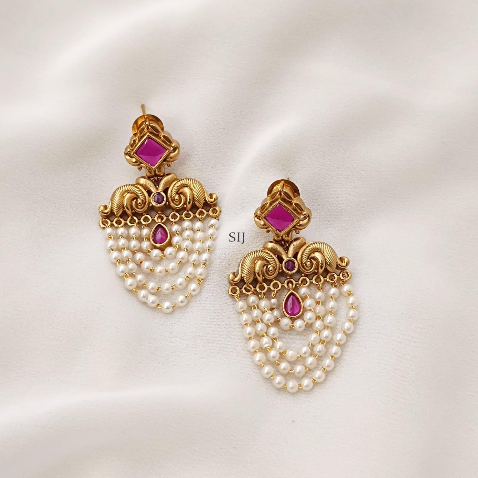 Layered Pink Stone Pearl Drop Earrings