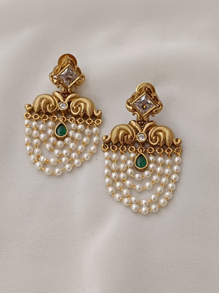 Layered White&Green Stone Pearl Drop Earrings