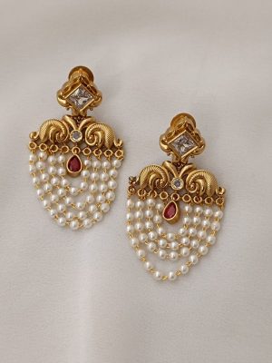 Layered White&Red Stone Pearl Drop Earrings