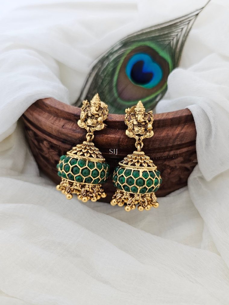 Matte Finish Green Stones Ganesh Jhumkas