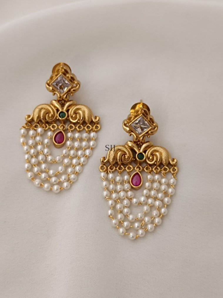 Multi Stones Layered Pearl Drop Earrings