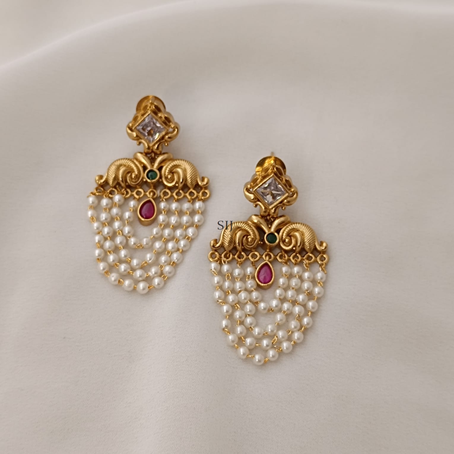 Multi Stones Layered Pearl Drop Earrings