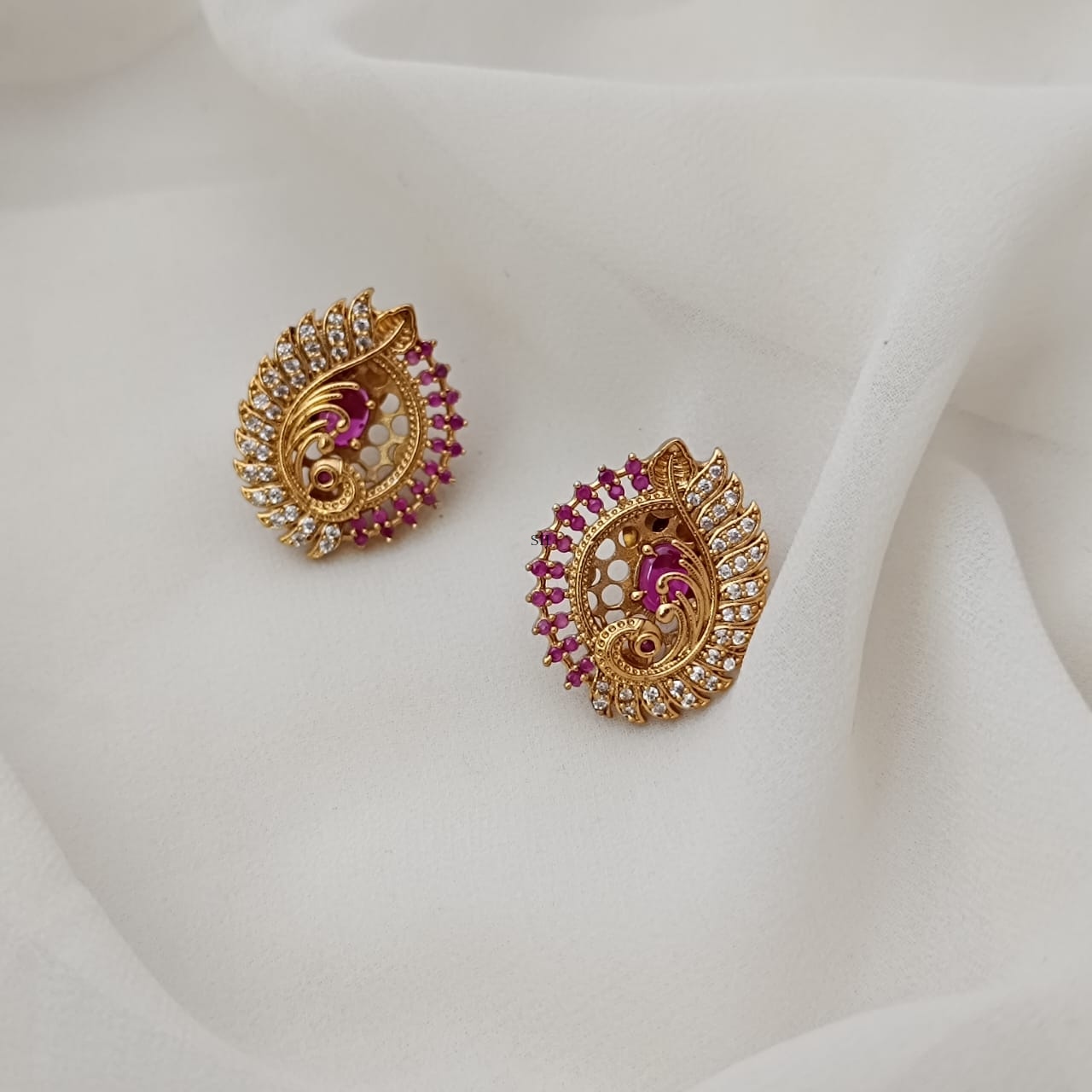 Peacock Design Ruby& White Stone Earrings