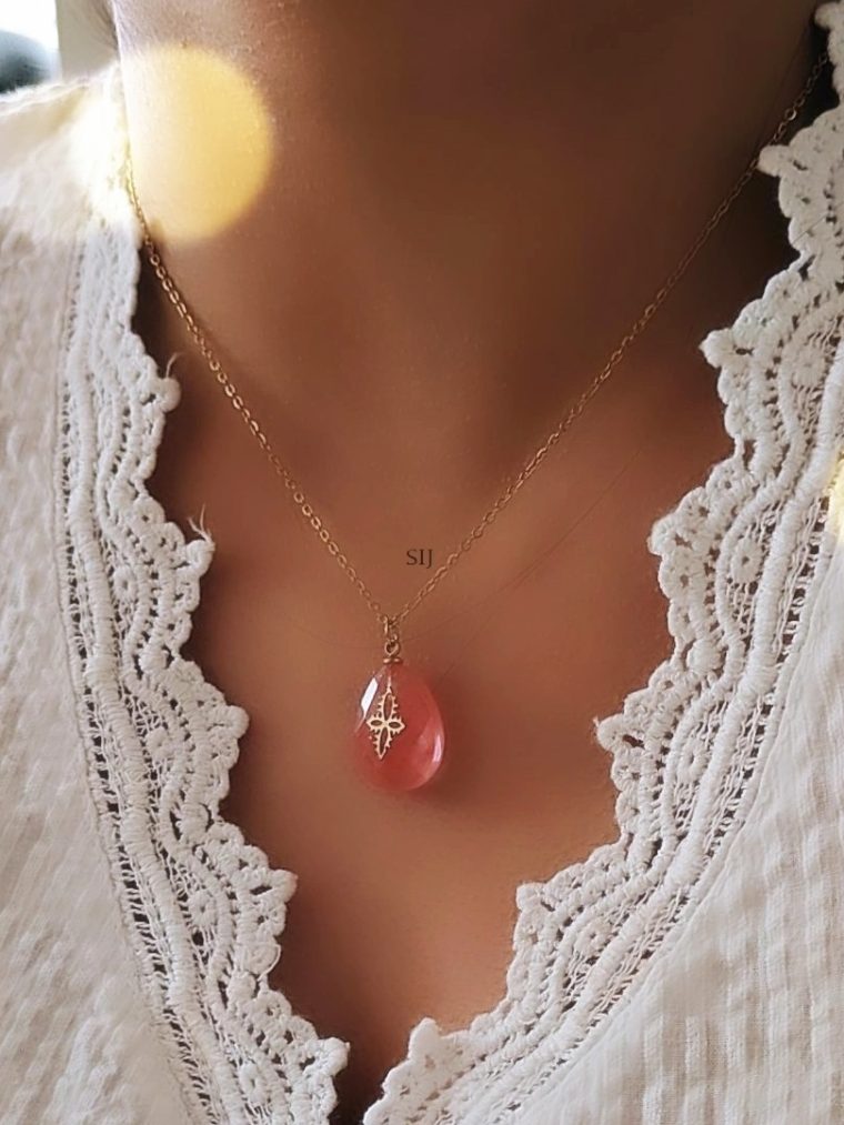 Pink Stone Water Drop Shape Chain& Pendant