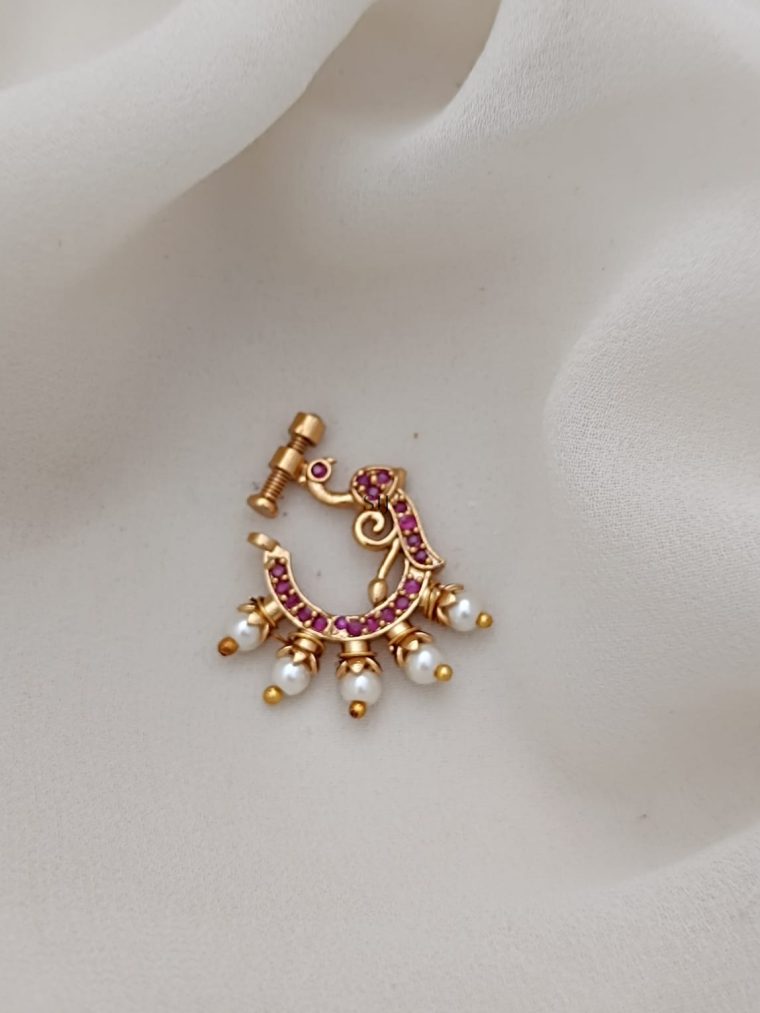 Ruby Peacock Design Pearl Drop Screwtype Nose Pin