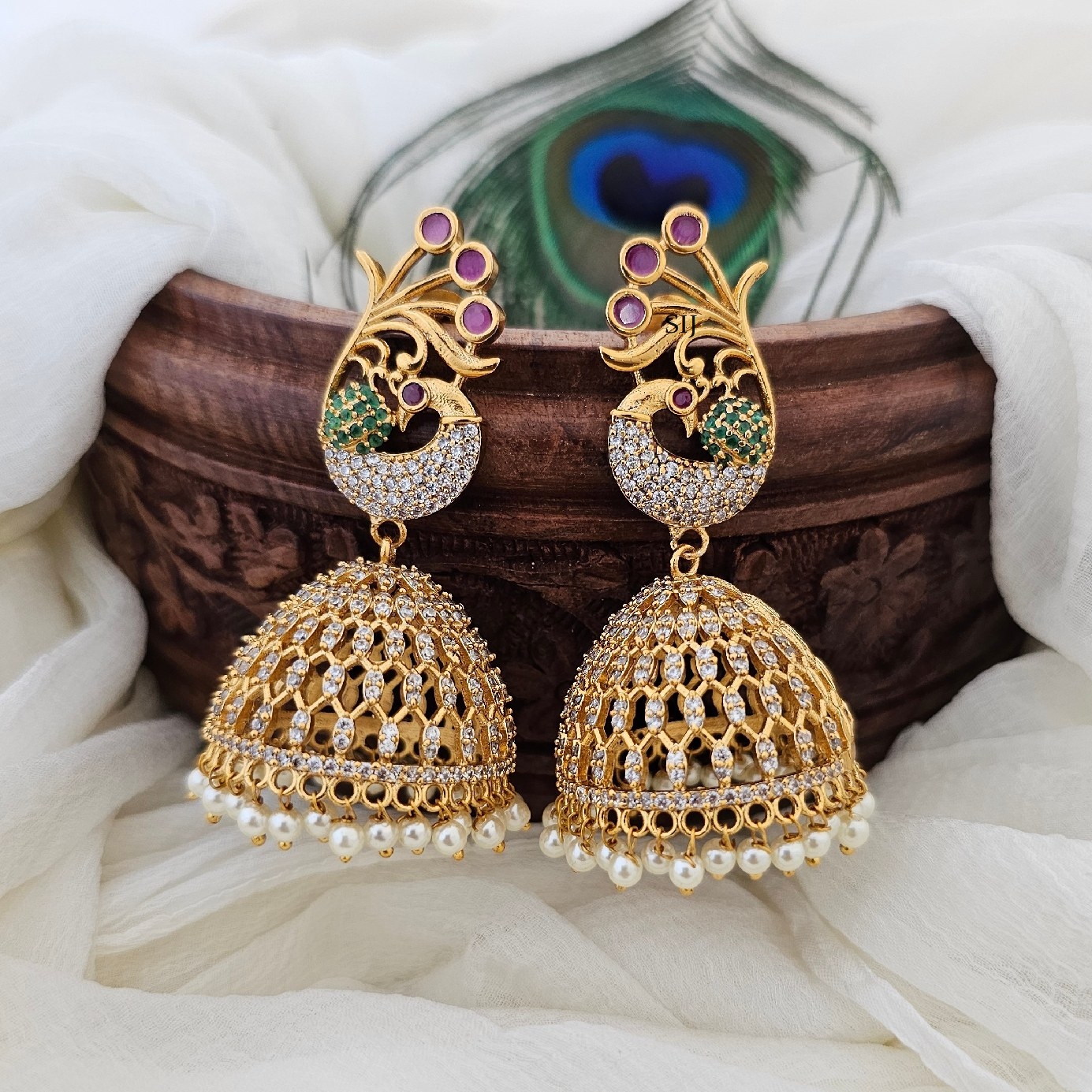 Gold Plated CZ, Ruby and Emerald Stones Peacock Jhumkas