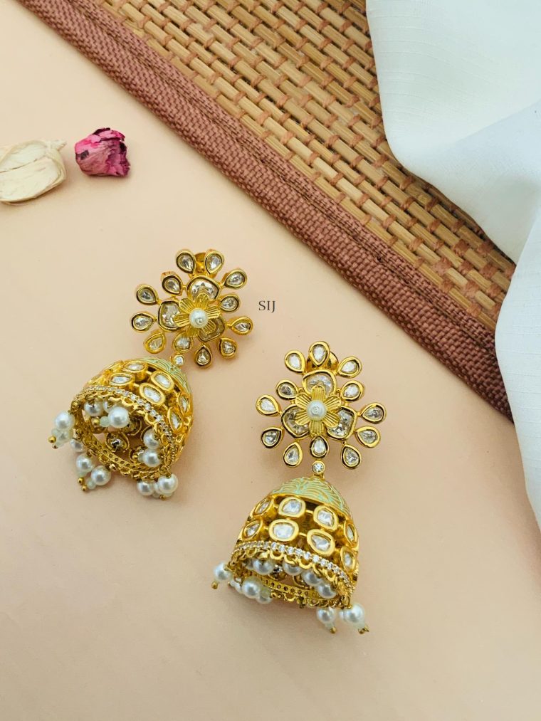 Kundan and AD Stone Jhumkas with Pearls Hangings