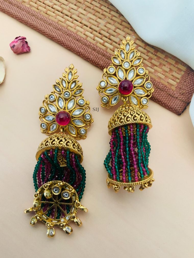 Kundan and AD Stones Earrings with Beads Hanging Jhumkas