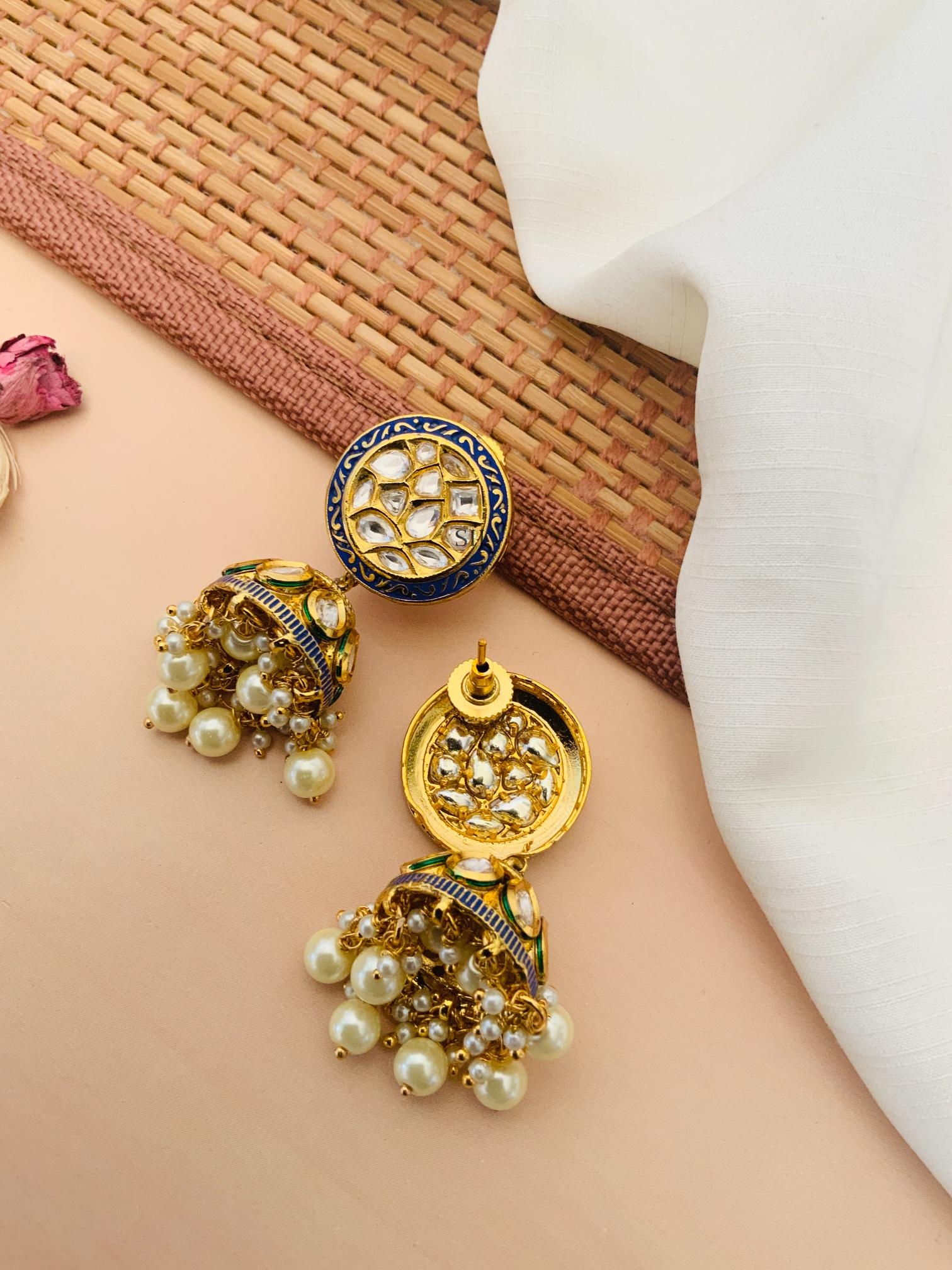 Round Design Kundan Earrings with Pearls Hanging Jhumkas