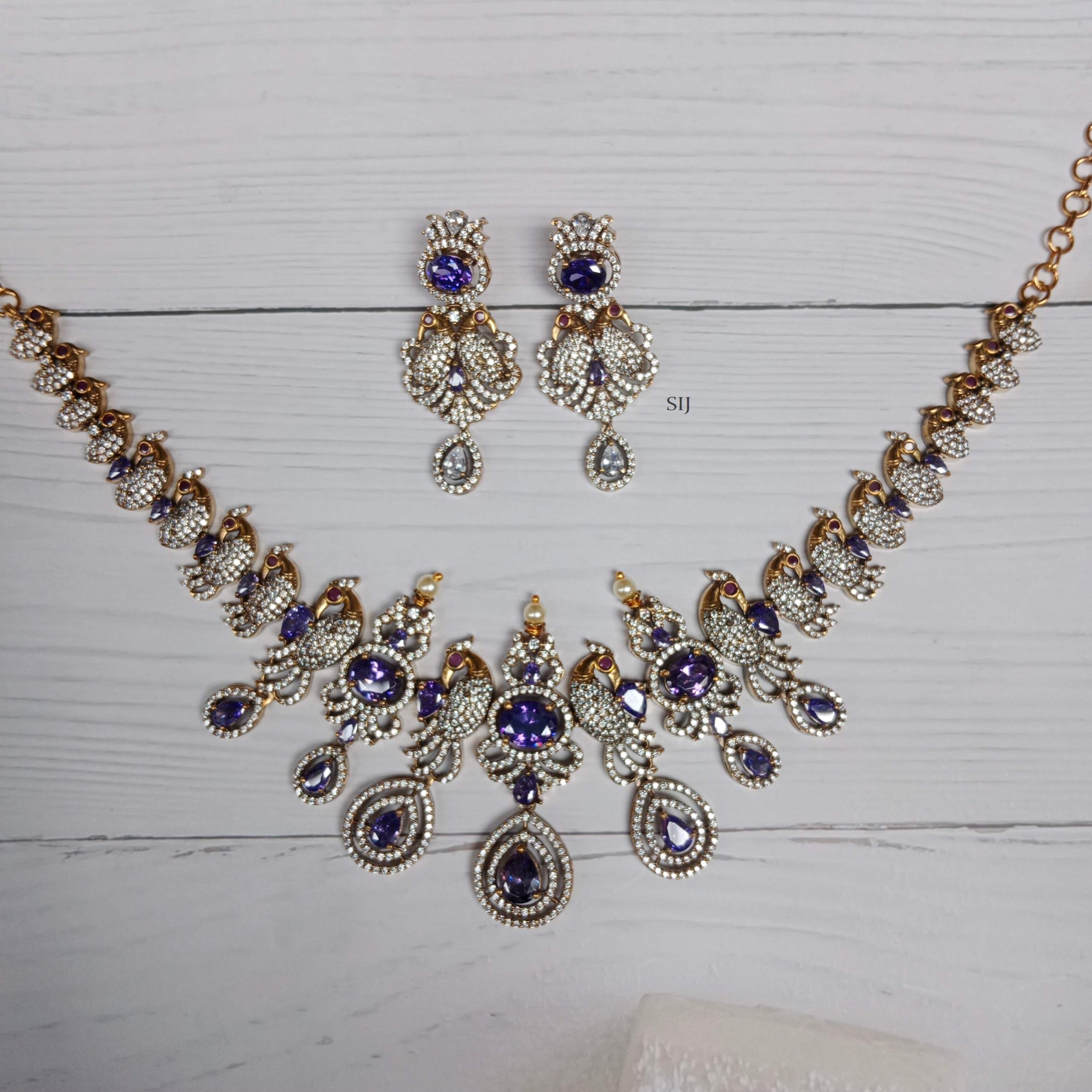 Matte Finish Victorian Peacock Design Necklace with Purple Stones