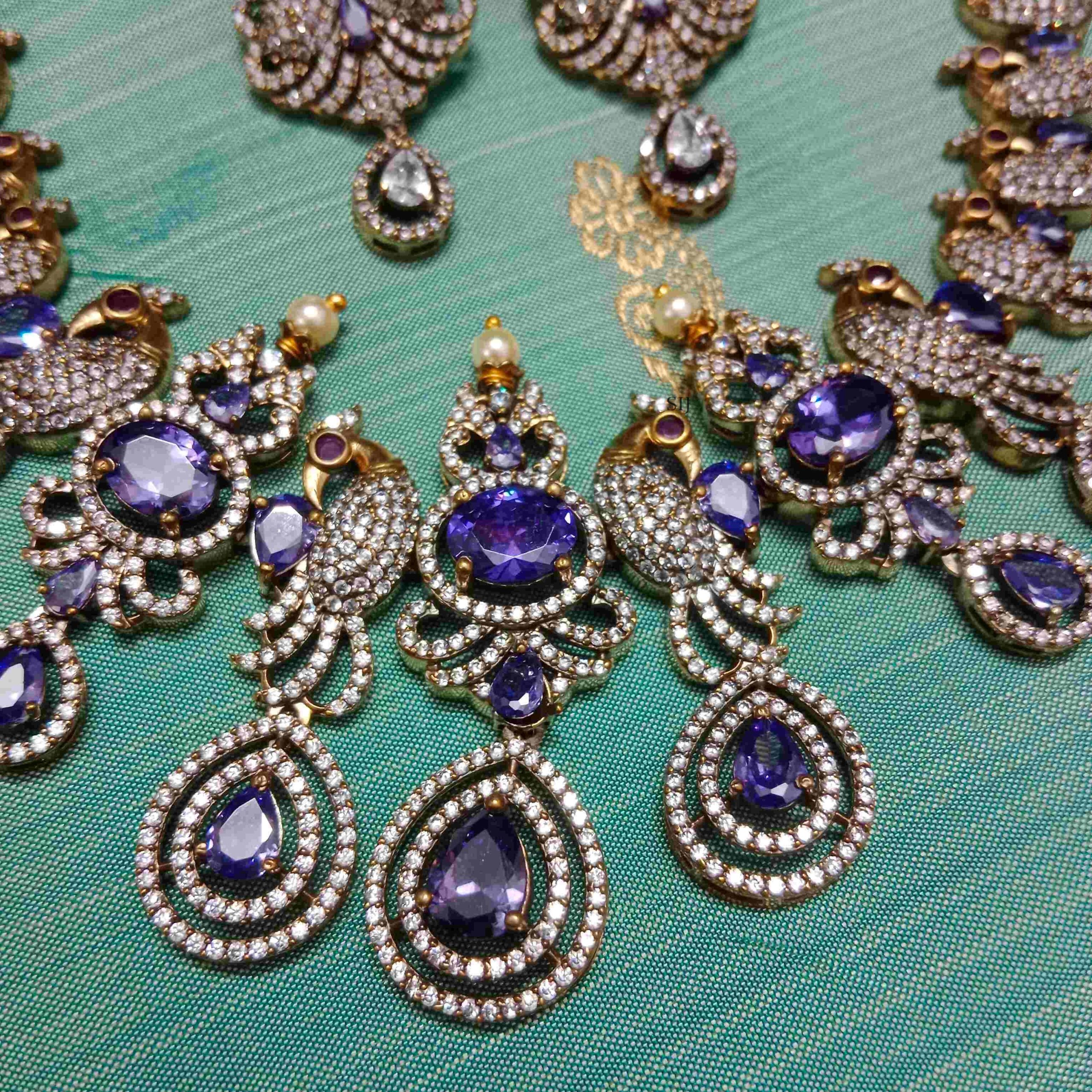 Matte Finish Victorian Peacock Design Necklace with Purple Stones