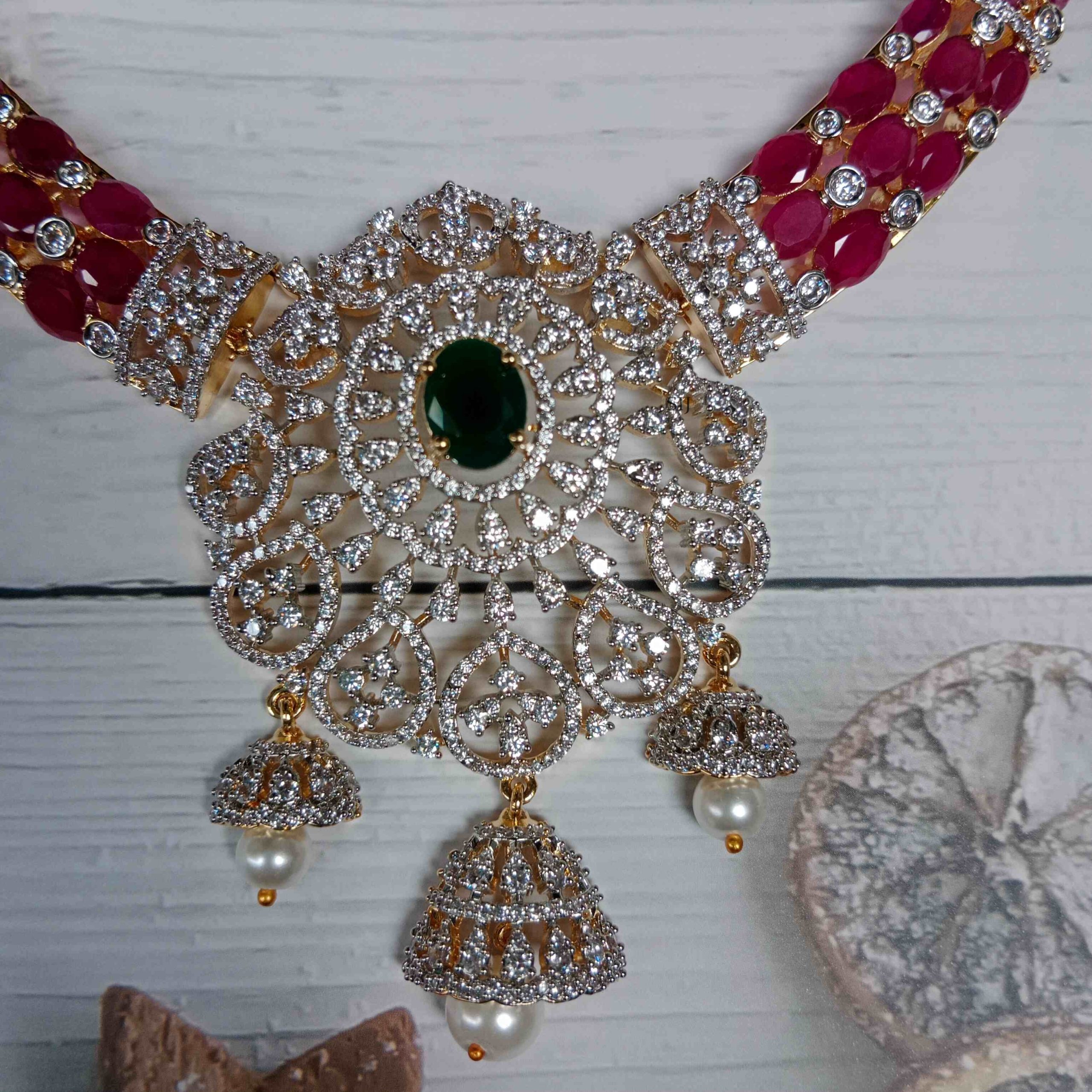 Artificial Ruby Necklace With Diamond Pendant - South India Jewels