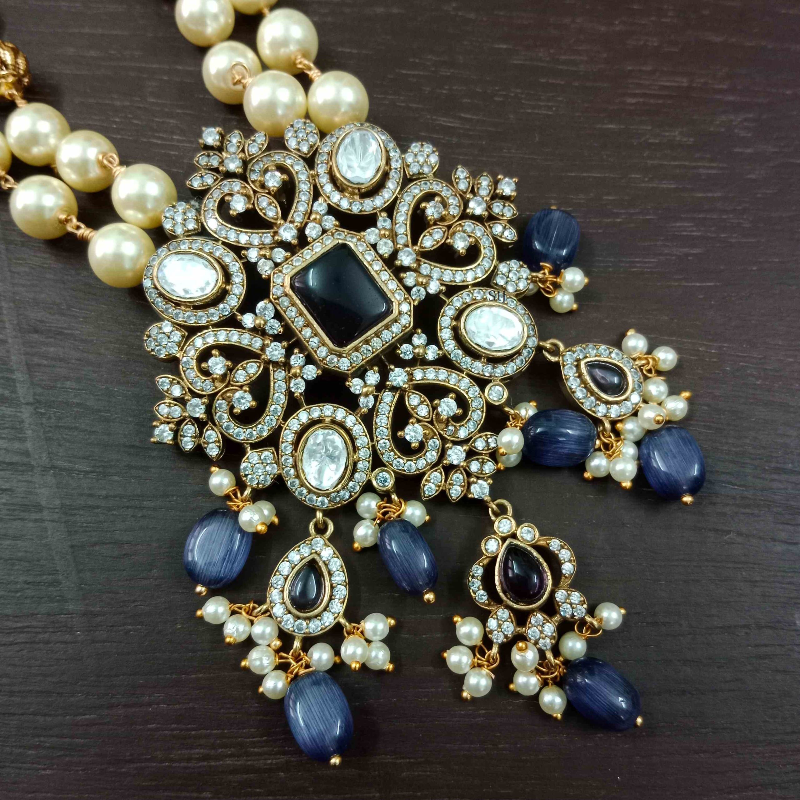 Imitation Two Layers Beads and Pearl Haram with Victorian Pendant