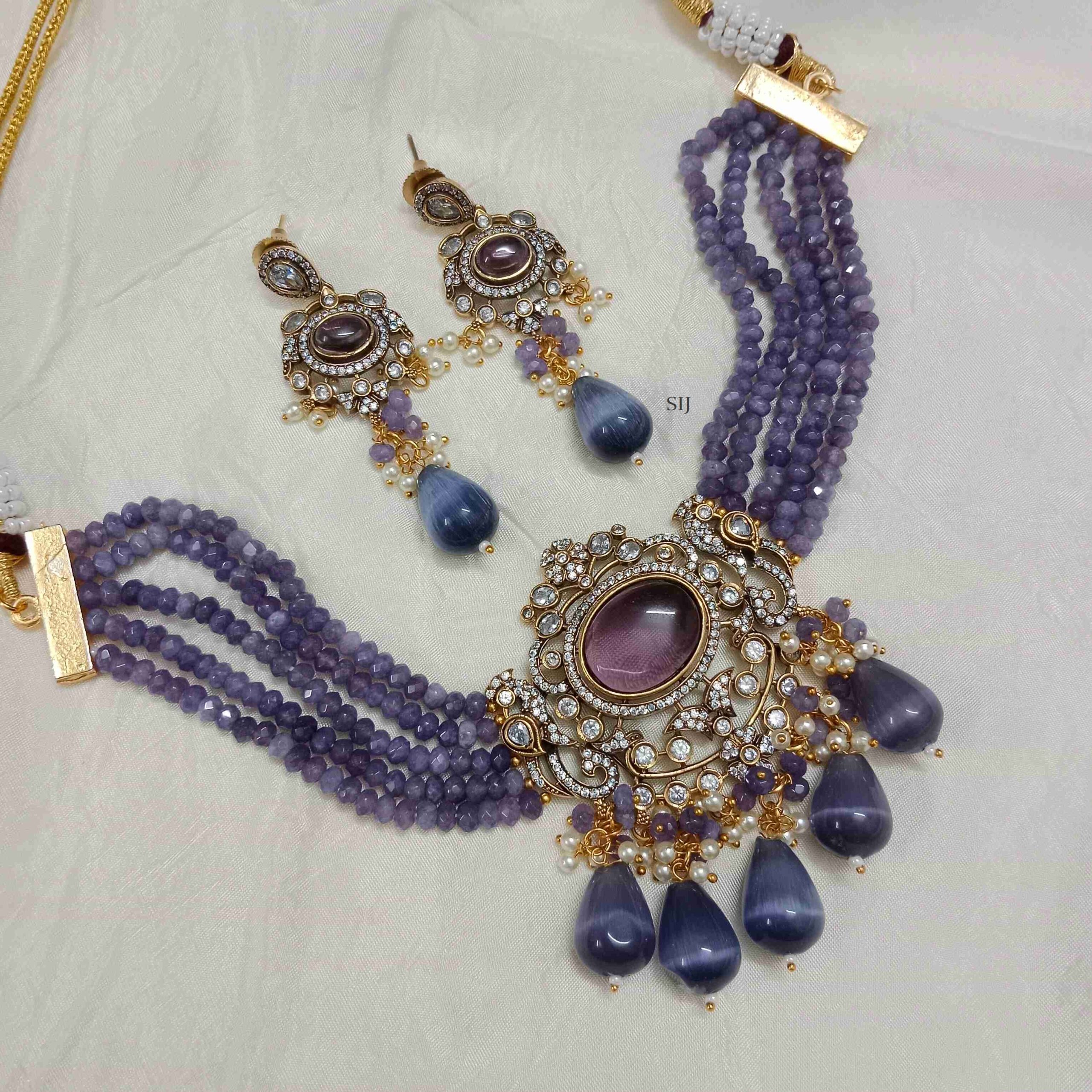 Multi Layers Purple Beads Choker with Victorian Pendant
