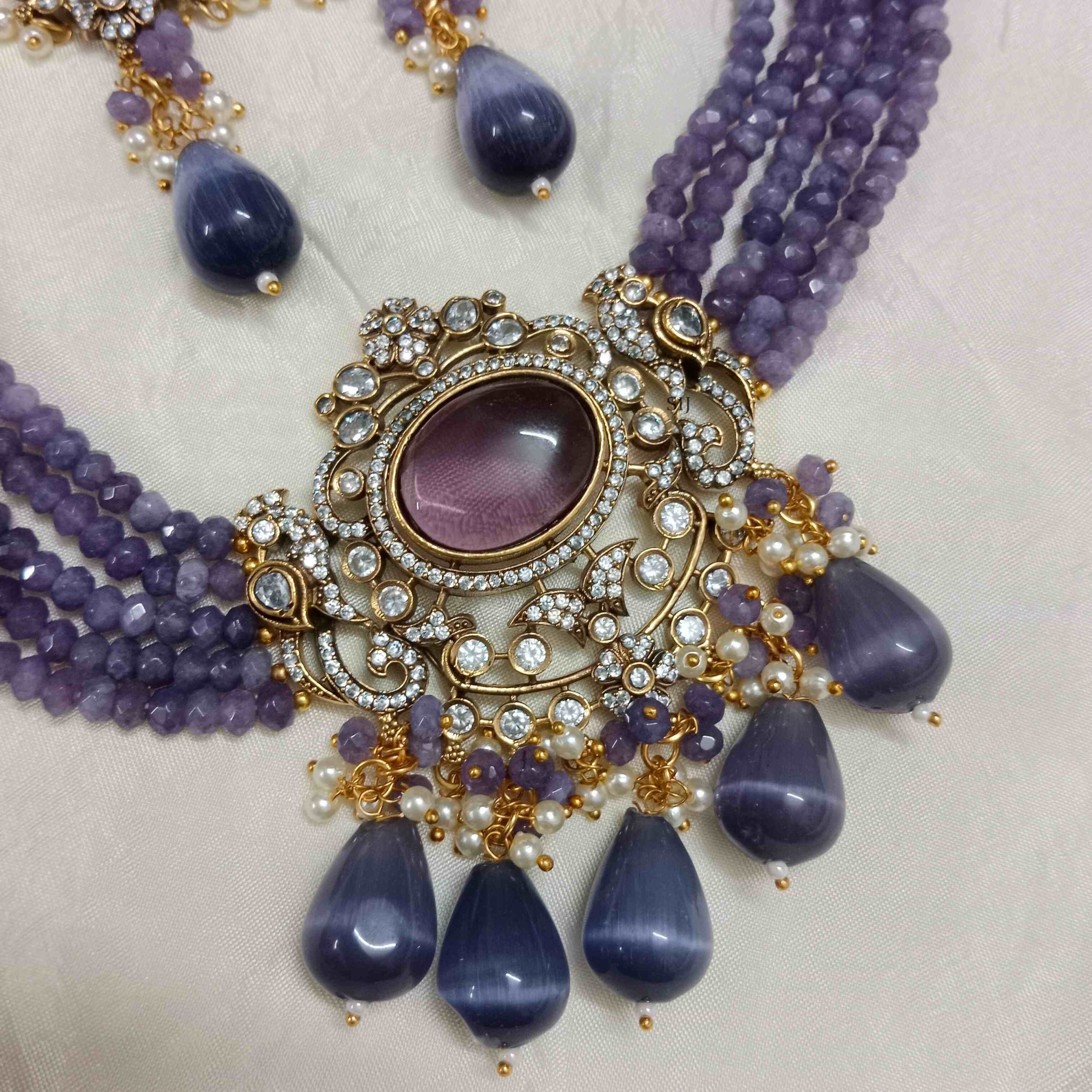 Multi Layers Purple Beads Choker with Victorian Pendant