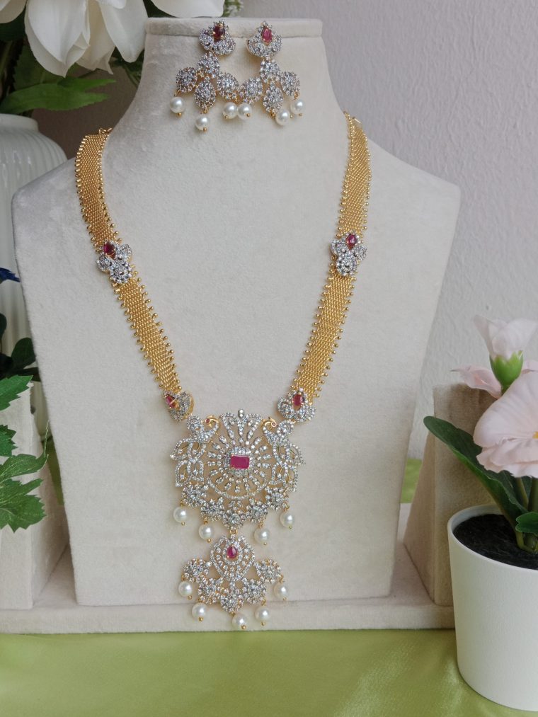 Imitation Pearl Drop Diamond AD Long Necklace