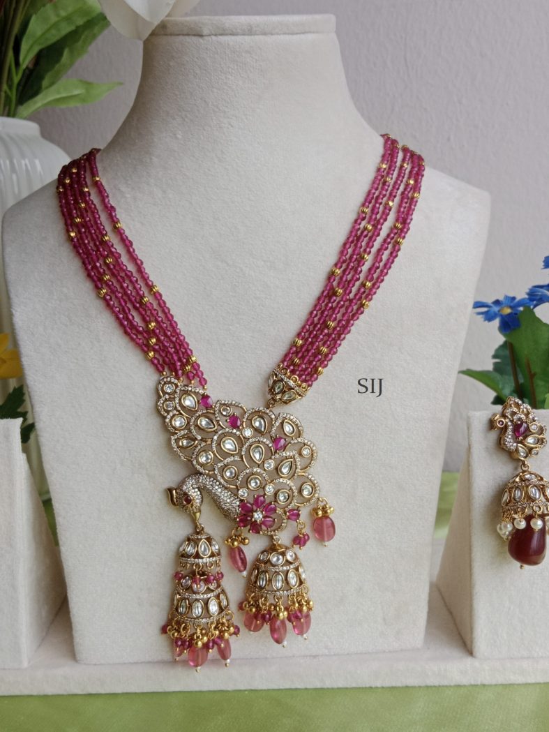 Shimmering Victorian Peacock Design With Maroon Beads Haram