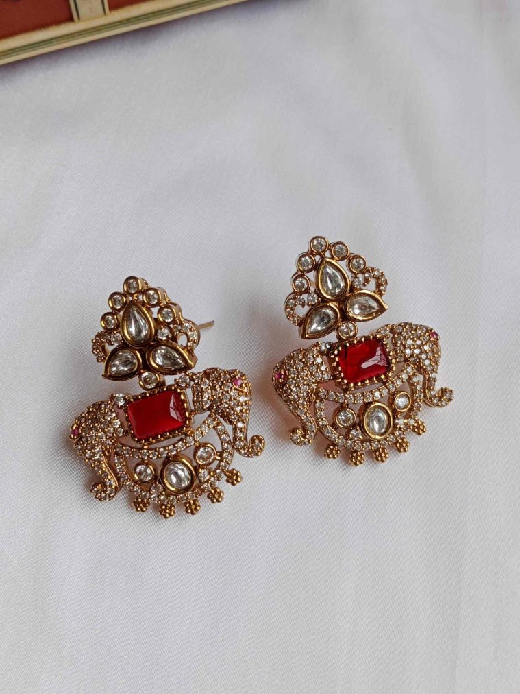 Imitation Victorian Stones Dual Elephant Earrings