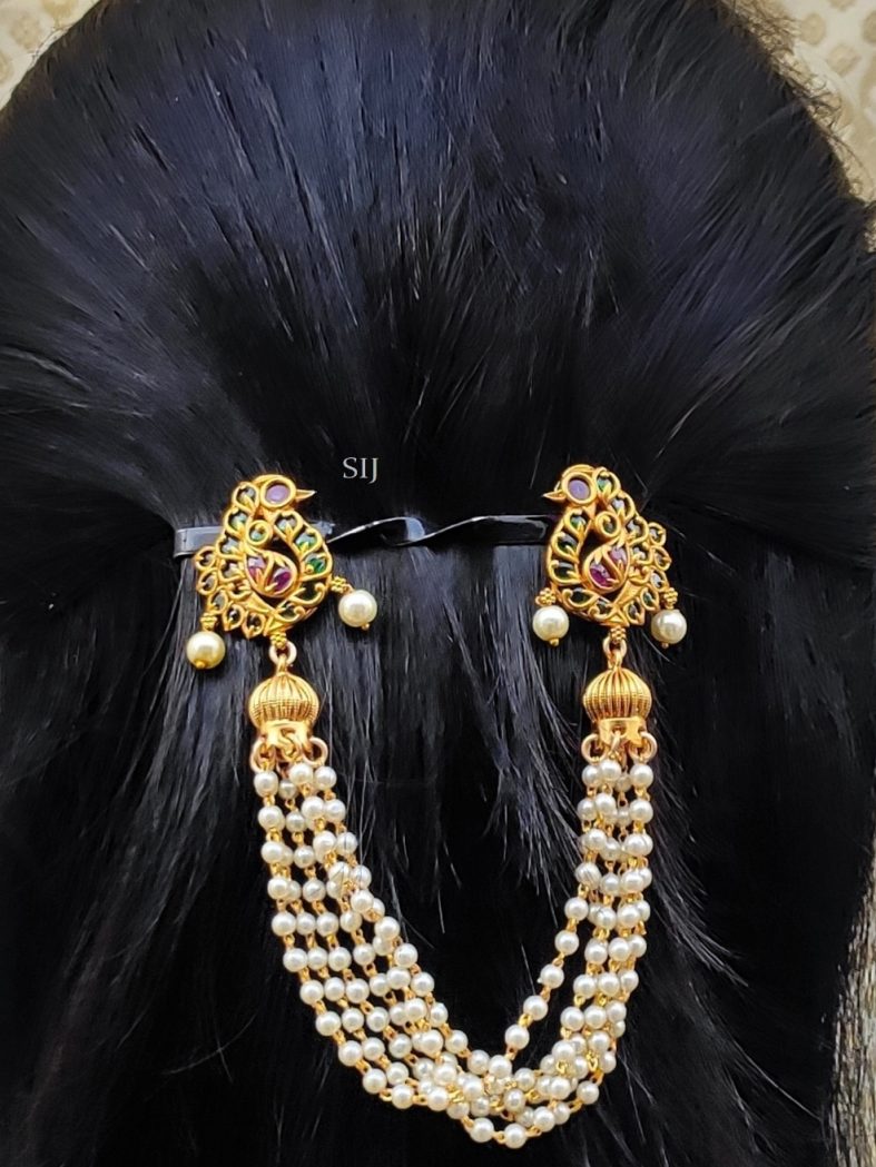 Gold Finish Bird Design Hair Accessory with Pearl Hangings