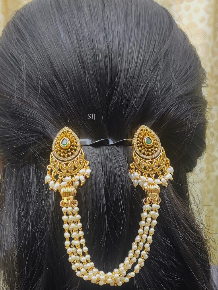 Gold Plated Flowers Design Hair Accessory with Pearl Hangings