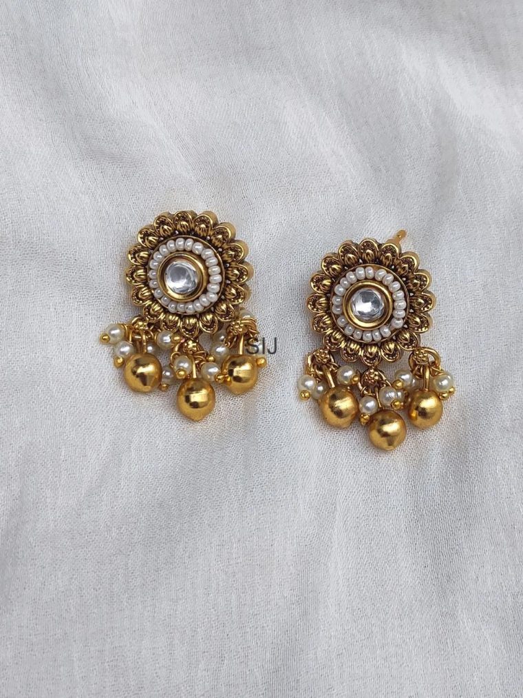 Antique Round Flower Design White Stone Earrings