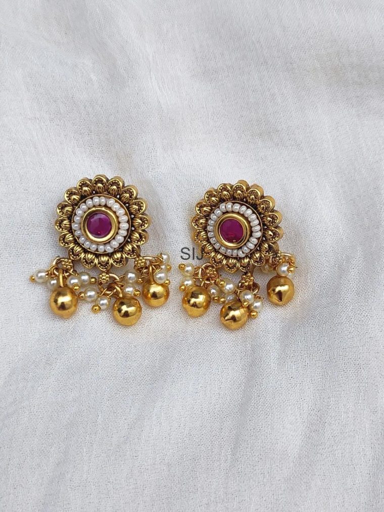 Antique Round Flower Design Pink Stone Earrings