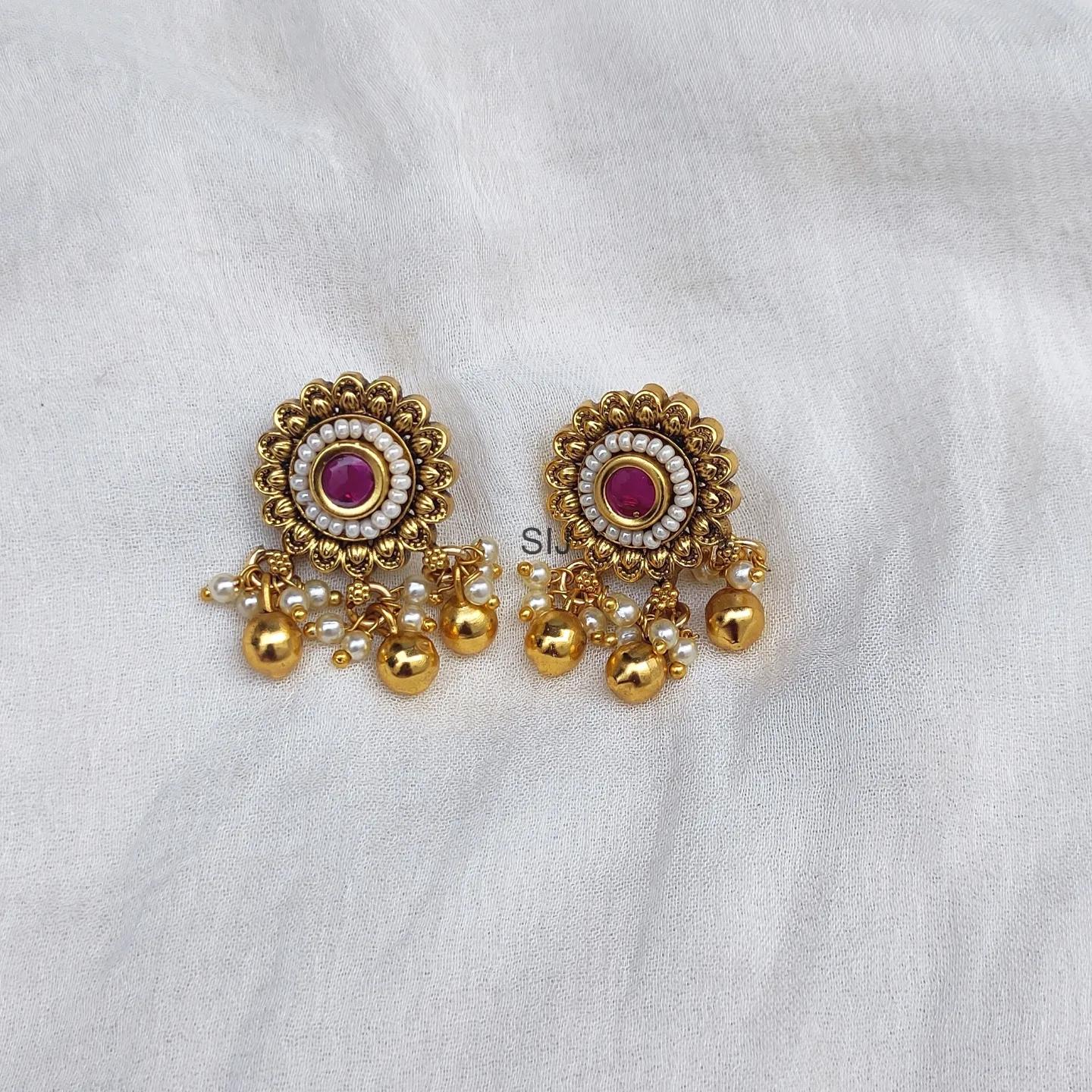 Antique Round Flower Design Pink Stone Earrings