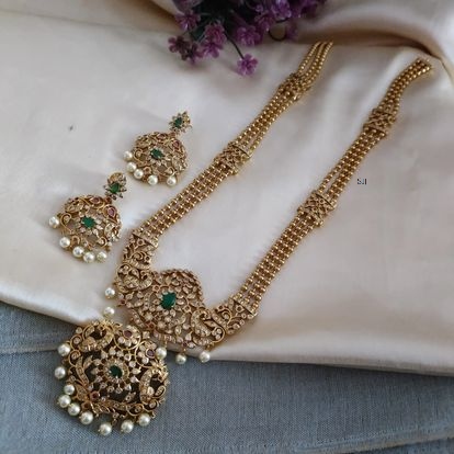 Three Layered Gold Beads Long Haram with Peacock Pendant