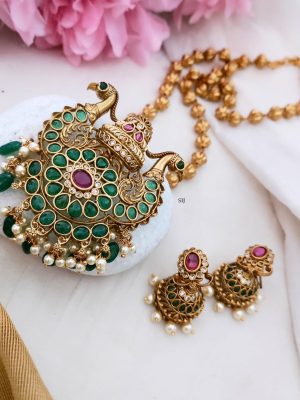 Gold Beads Long Necklace with Dual Peacock Pendant