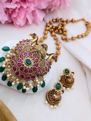 Gold Beads Long Necklace with Dual Peacock Pendant