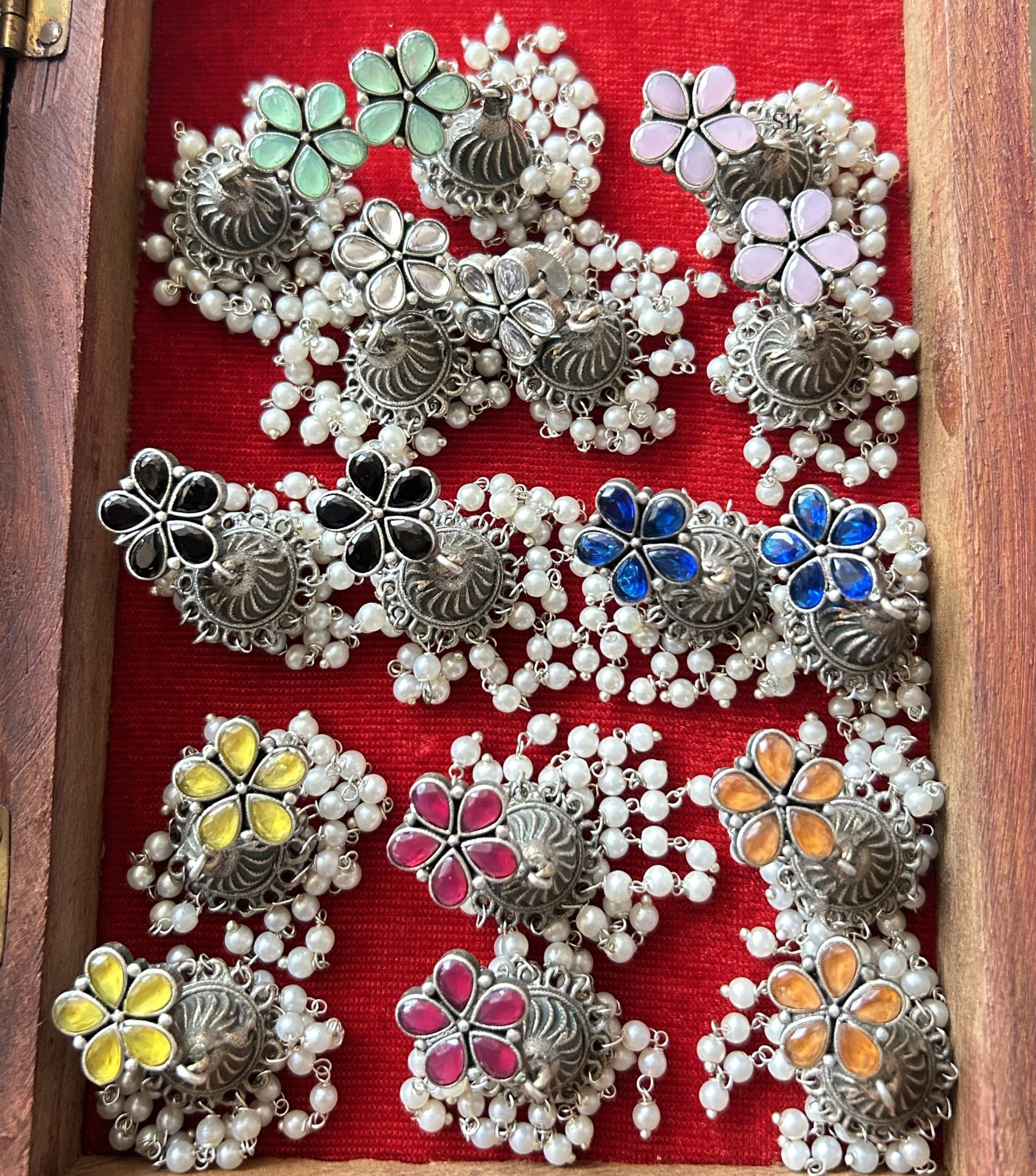 German Silver Flower Earrings with Pearl Jhumkas