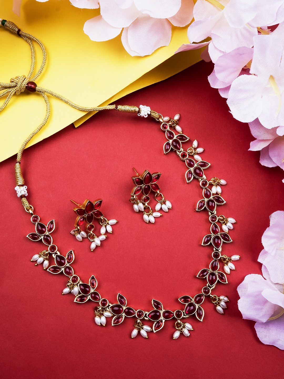 Gold Plated Red Kemp Flower Design Necklace