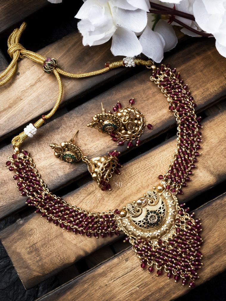 Gold Finish Red Hydra Necklace with Beads Hangings Pendant