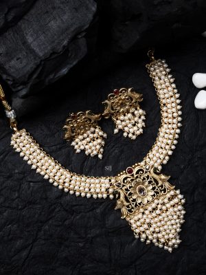 Gold Plated Dual Peacock Pendant Necklace with White Beads