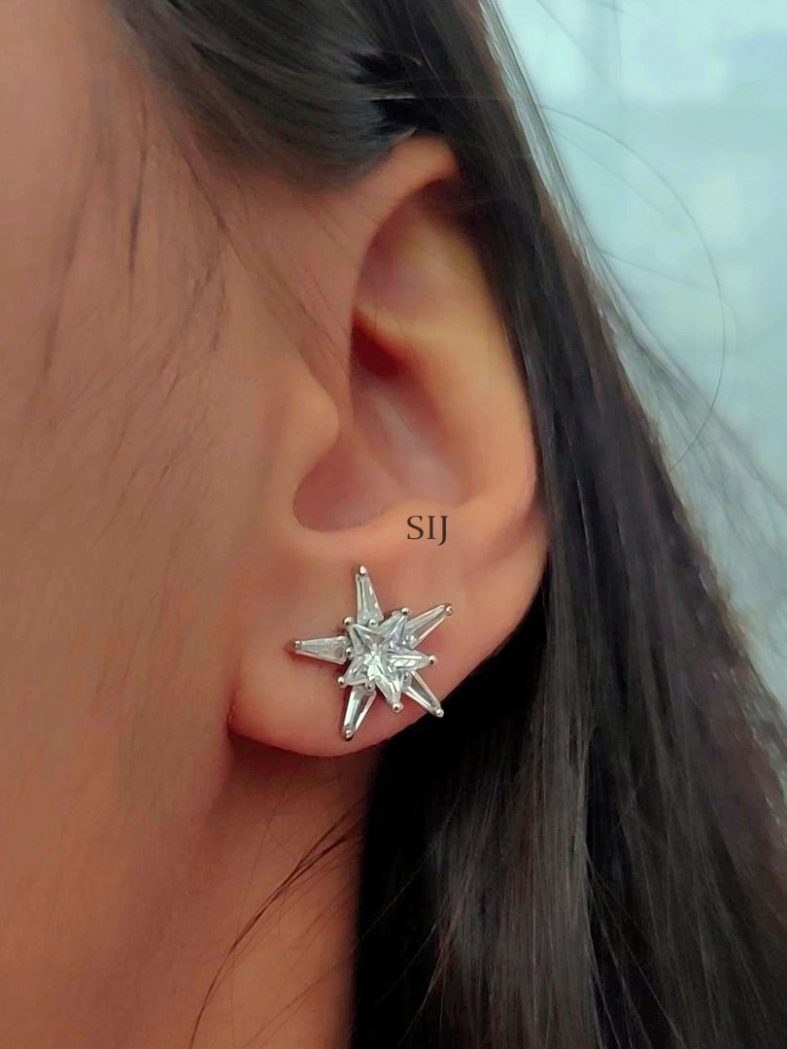 Sterling Silver Based AD Studded Star Design Earrings