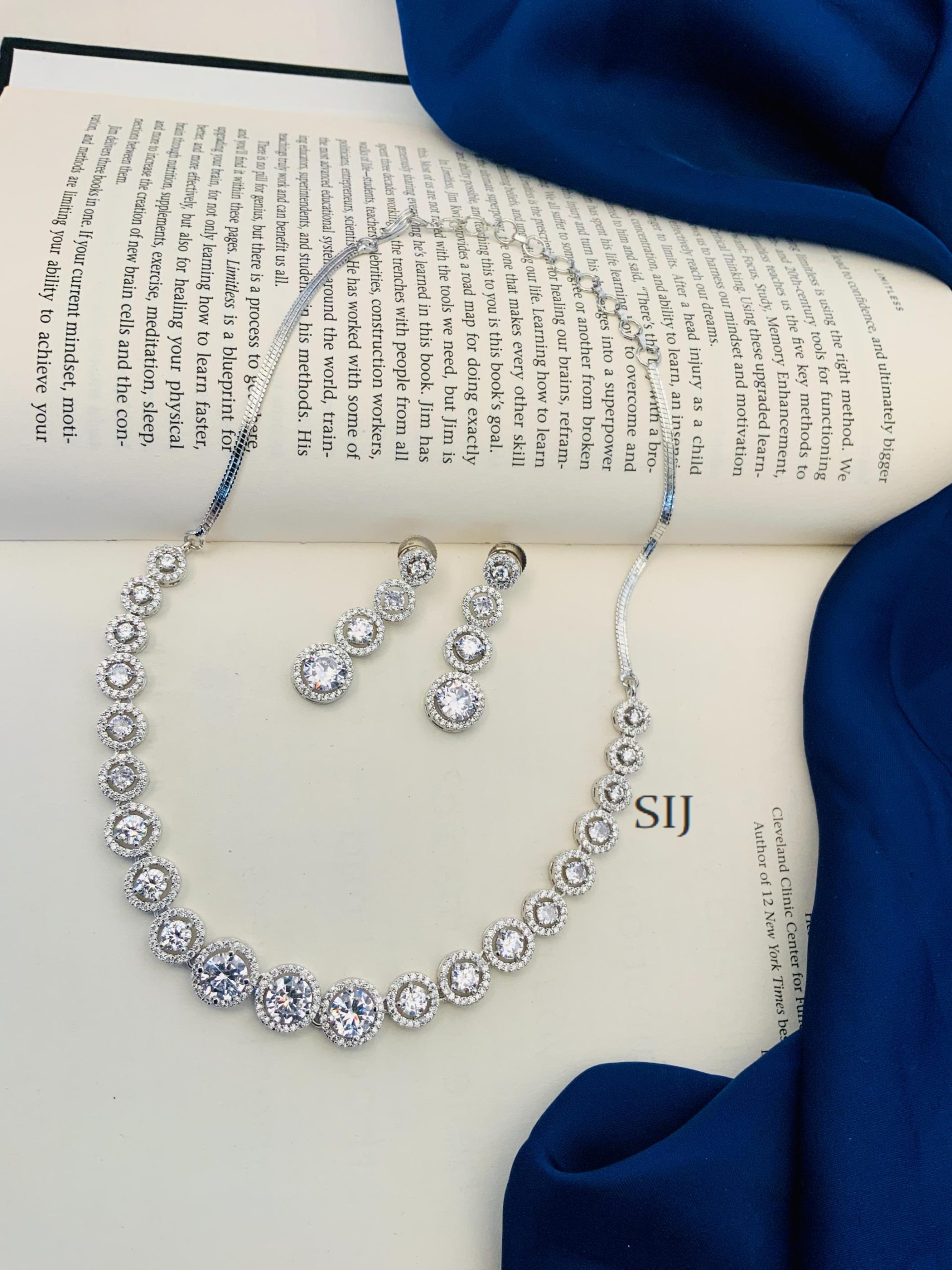 Round Silver Plated American Diamond Necklace Set
