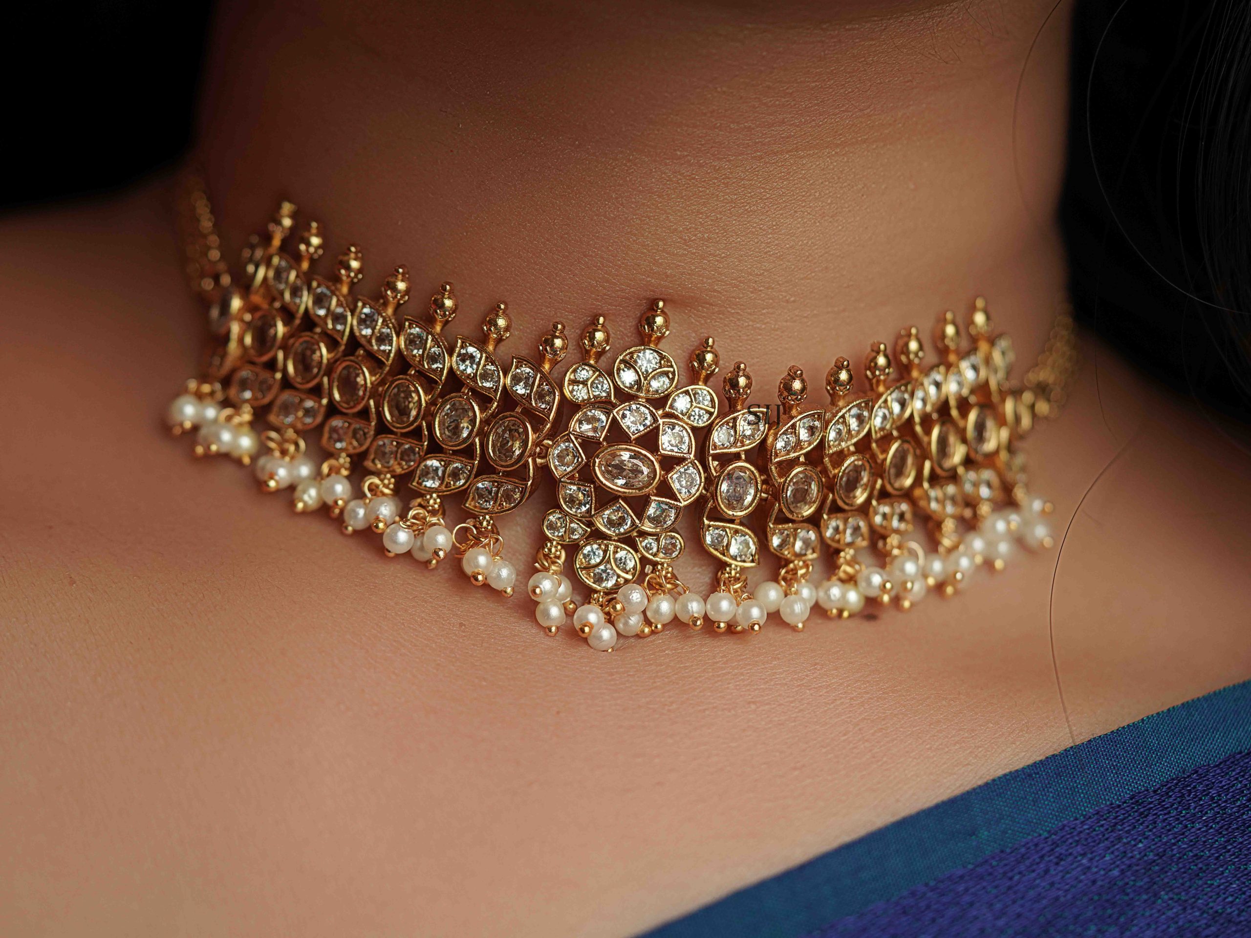 Gold Plated White Stones Choker with Pearls Hangings
