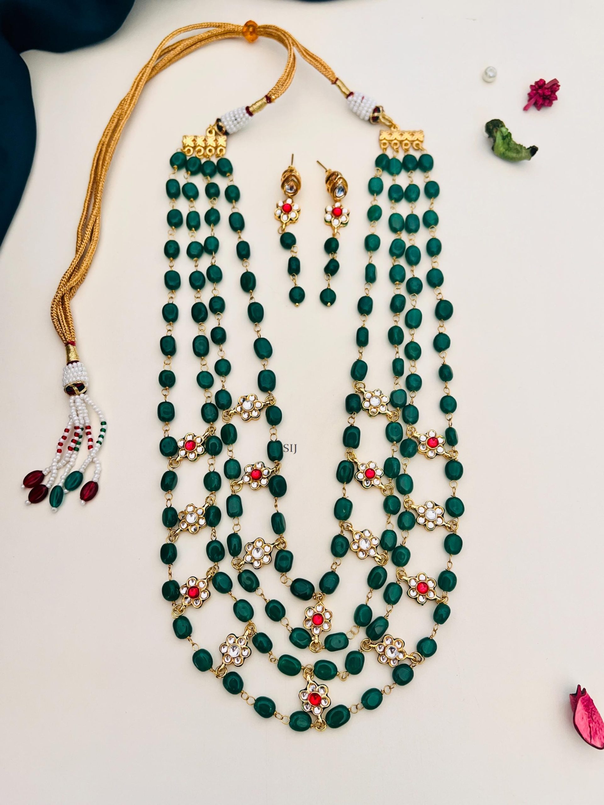 Gold Plated Green Beads Polki Kundan Floral Inspired Mala