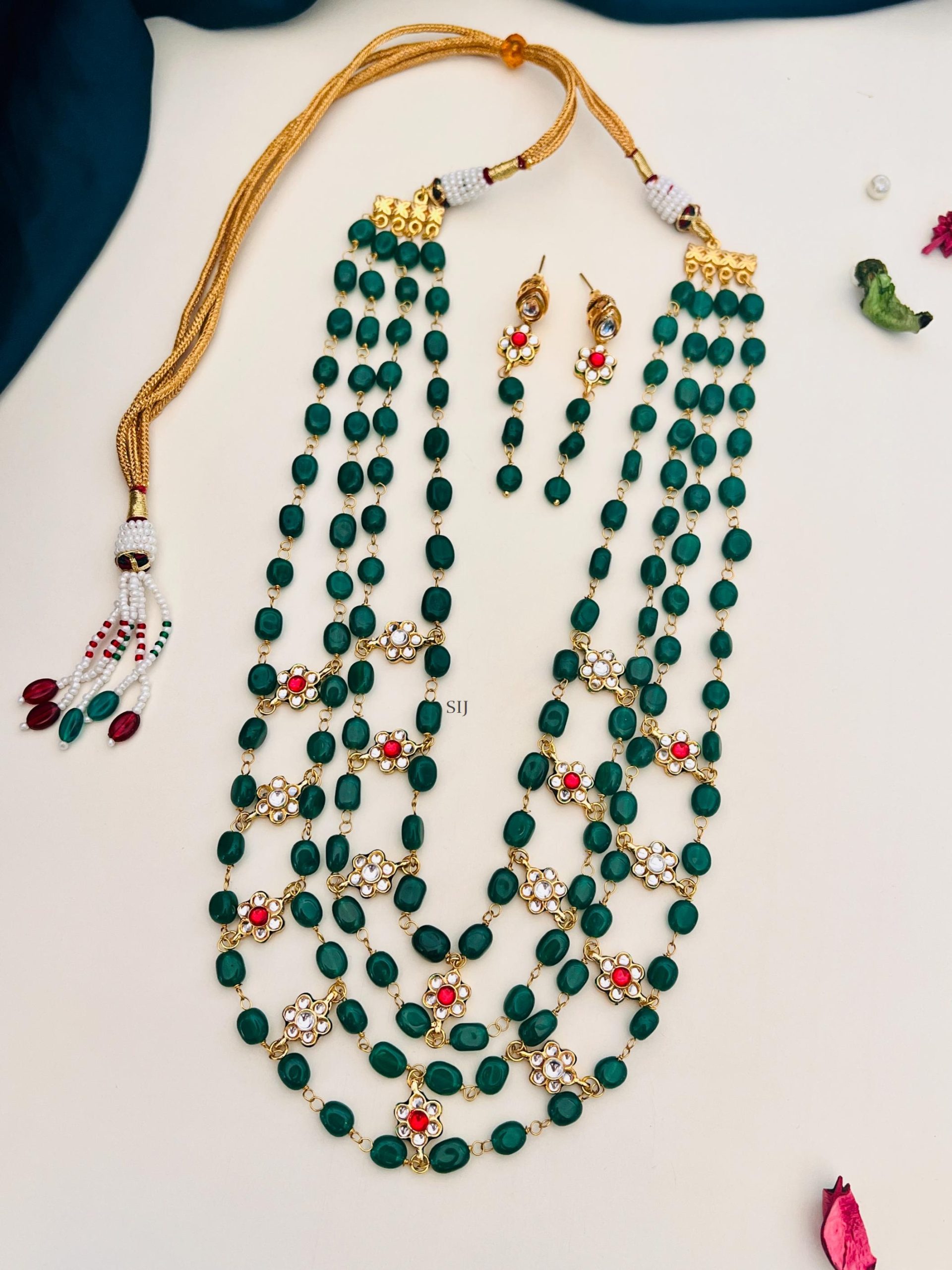 Gold Plated Green Beads Polki Kundan Floral Inspired Mala