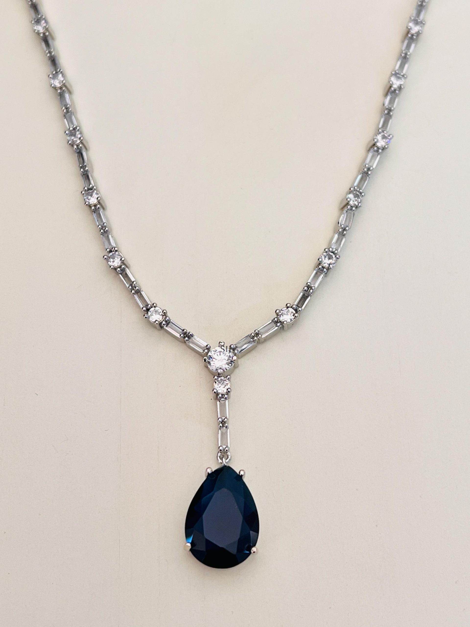 Silver Plated Single Line AD Stones Chain with Blue Stone Pendant