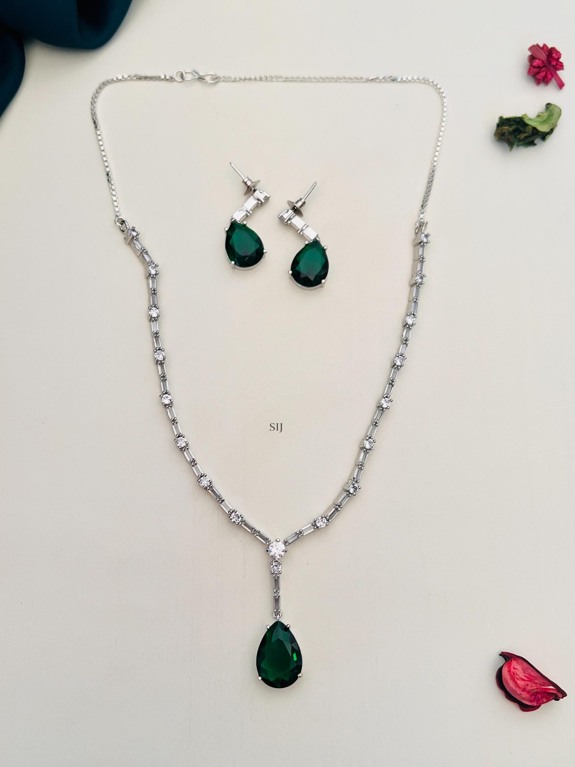 Silver Plated AD Stones Chain with Green Stone Pendant