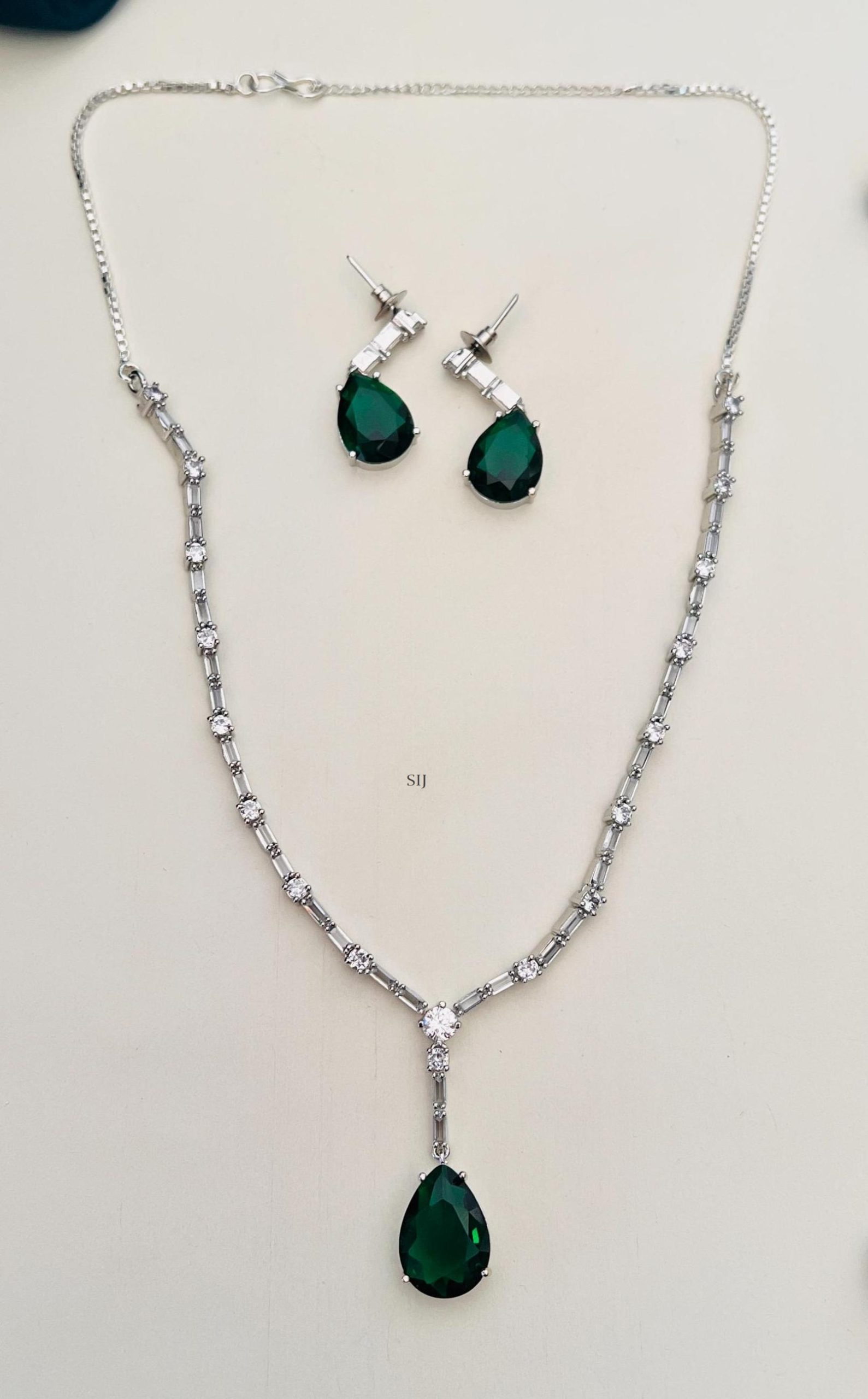 Silver Plated AD Stones Chain with Green Stone Pendant